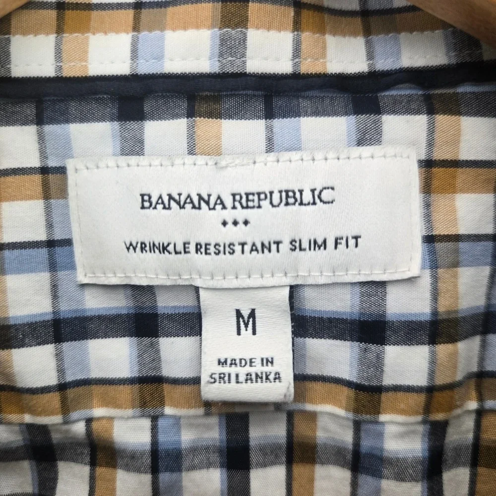 Banana Republic Shirt Mens M Blue Plaid Wrinkle Resistant Slim Fit Button Up LS
